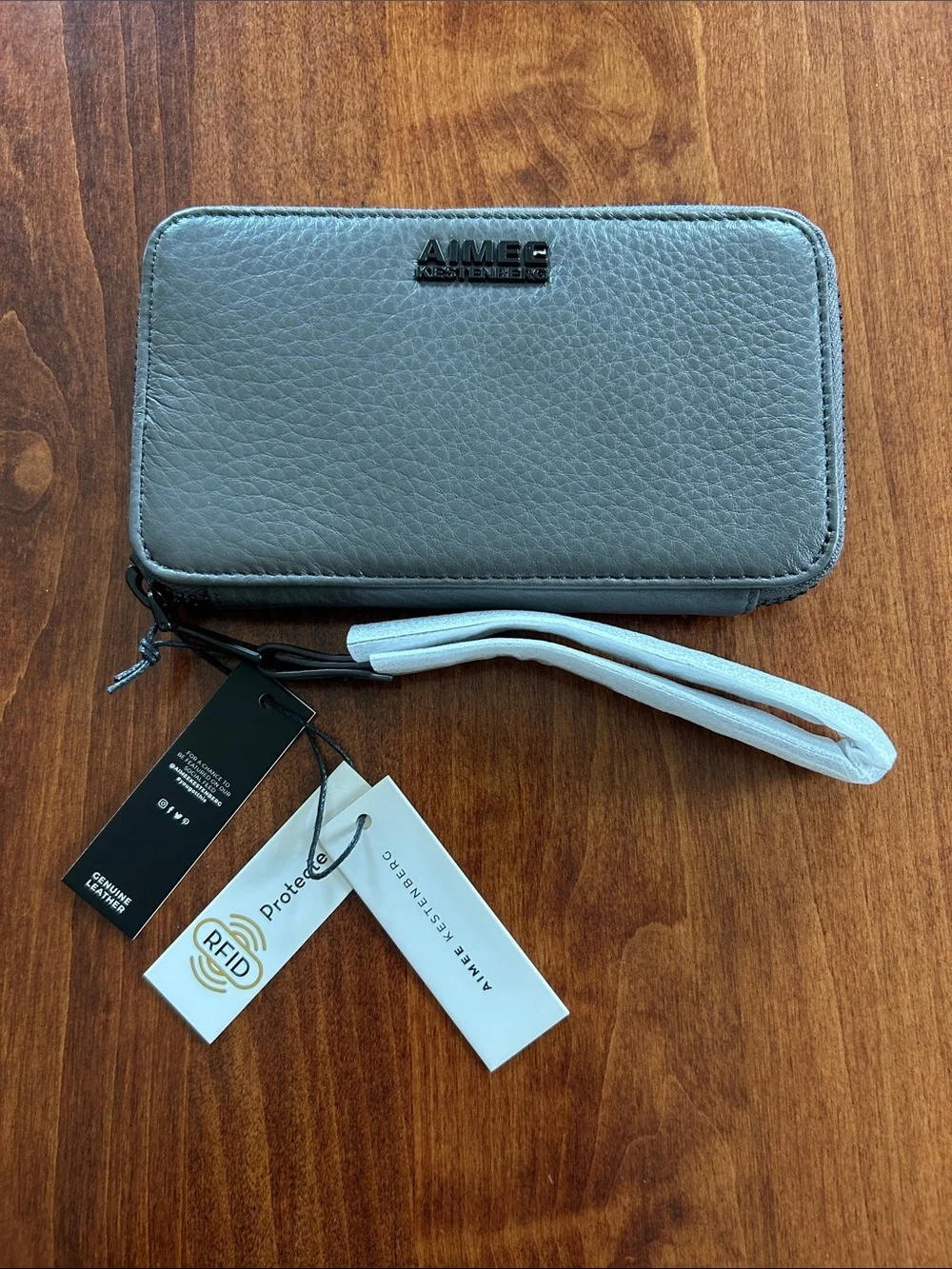 Aimee Kestenberg Pebbled Leather Wristlet in Light Gray with White Strap